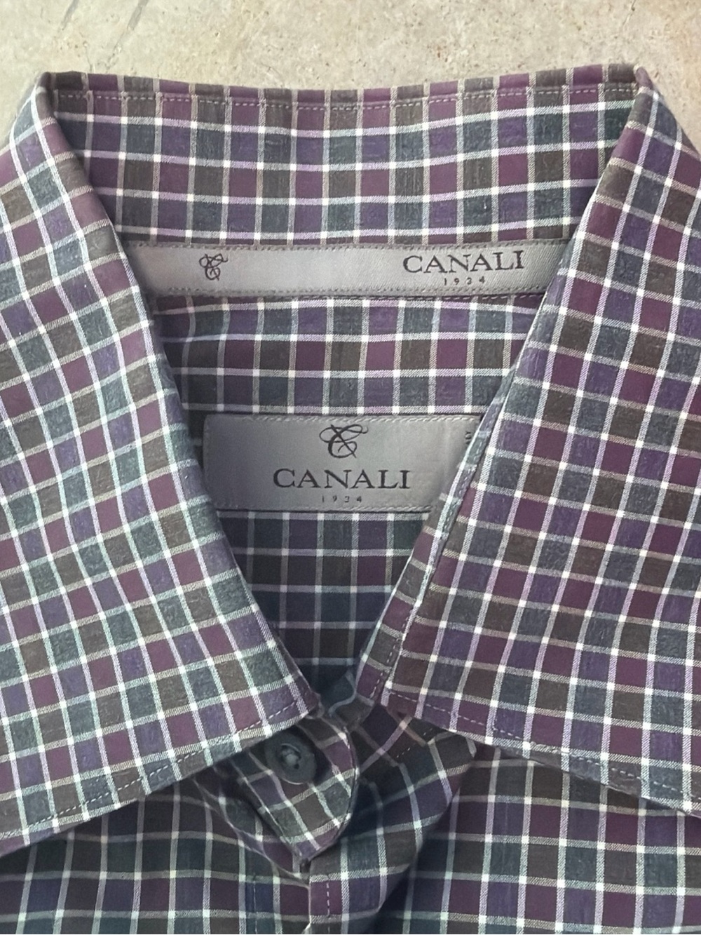 Canali Men's Purple and Gray Checked Dress Shirt